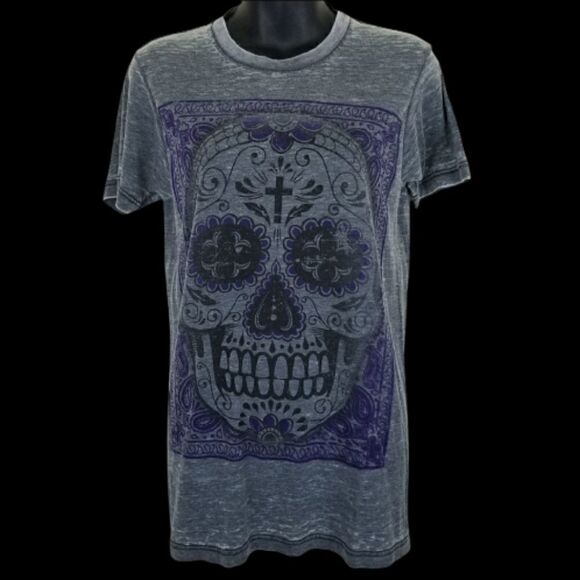 HYBRID Gray Burn Out Skull Gpraphic Tee size S - Picture 6 of 6